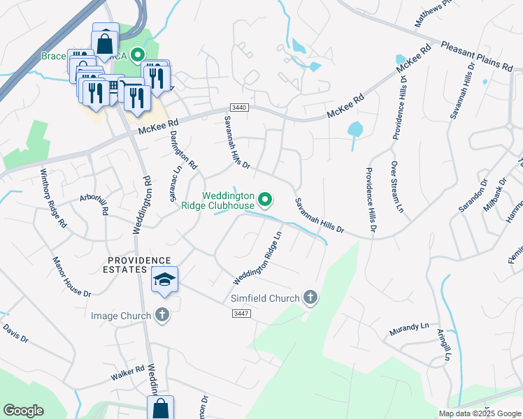 map of restaurants, bars, coffee shops, grocery stores, and more near 3810 Cameron Creek Drive in Matthews