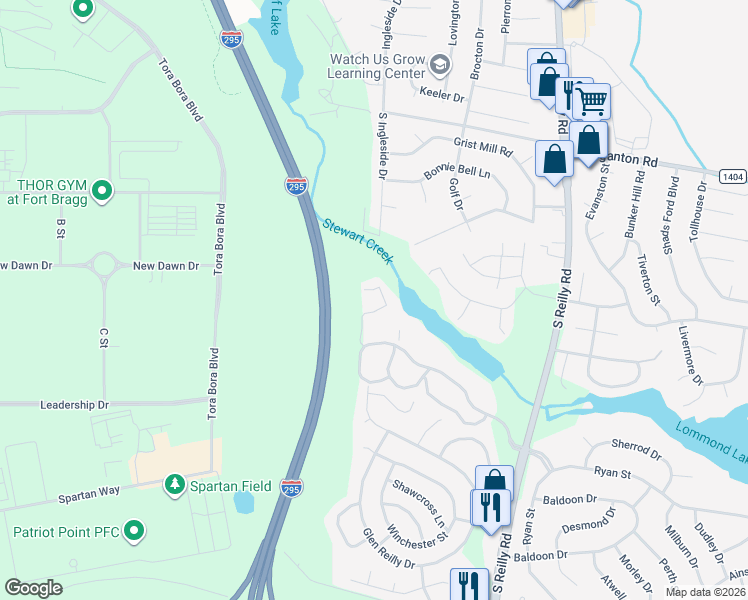 map of restaurants, bars, coffee shops, grocery stores, and more near 979 Stewarts Creek Drive in Fayetteville