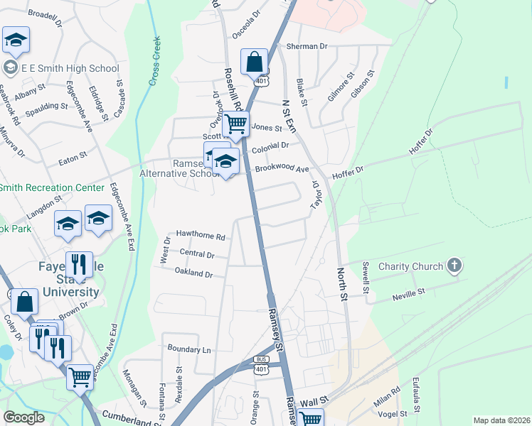 map of restaurants, bars, coffee shops, grocery stores, and more near 106 Kensington Circle in Fayetteville