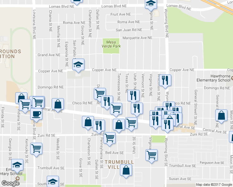 map of restaurants, bars, coffee shops, grocery stores, and more near 227 Tennessee Street Northeast in Albuquerque