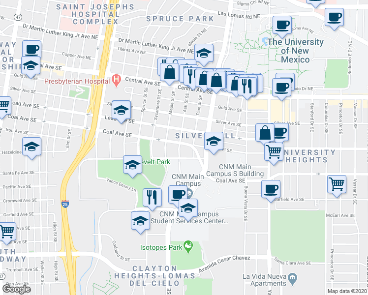 map of restaurants, bars, coffee shops, grocery stores, and more near 1618 Coal Avenue Southeast in Albuquerque
