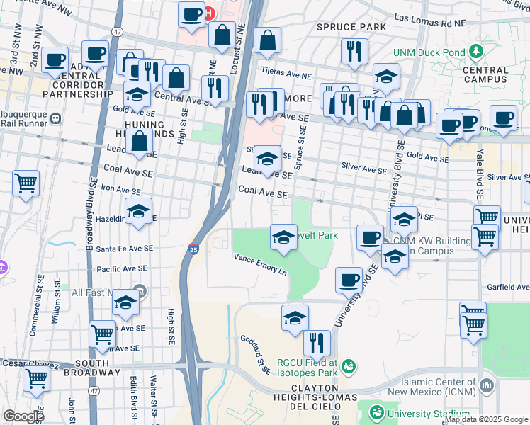 map of restaurants, bars, coffee shops, grocery stores, and more near 521 Cedar Street Southeast in Albuquerque