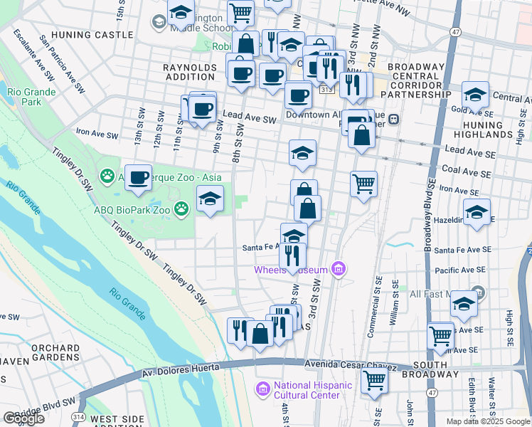 map of restaurants, bars, coffee shops, grocery stores, and more near 823 Barelas Road Southwest in Albuquerque