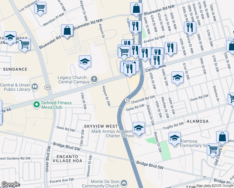 map of restaurants, bars, coffee shops, grocery stores, and more near 7000 Central Ave SW in Albuquerque