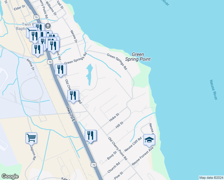 map of restaurants, bars, coffee shops, grocery stores, and more near 207 Selover Avenue in New Bern