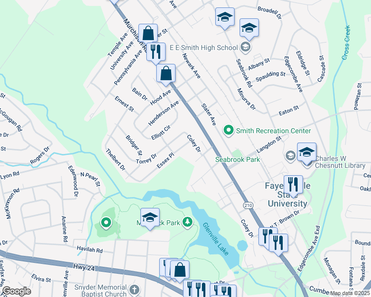 map of restaurants, bars, coffee shops, grocery stores, and more near 1091 Essex Place in Fayetteville