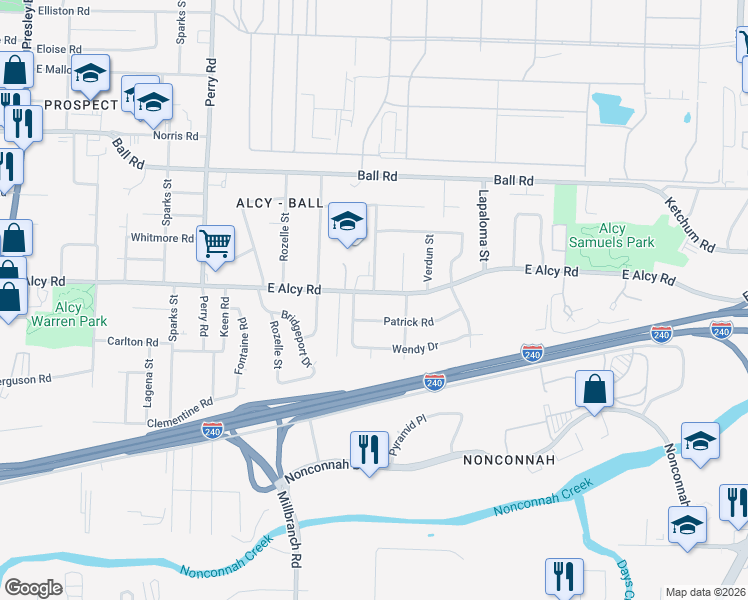 map of restaurants, bars, coffee shops, grocery stores, and more near 1797 East Alcy Road in Memphis
