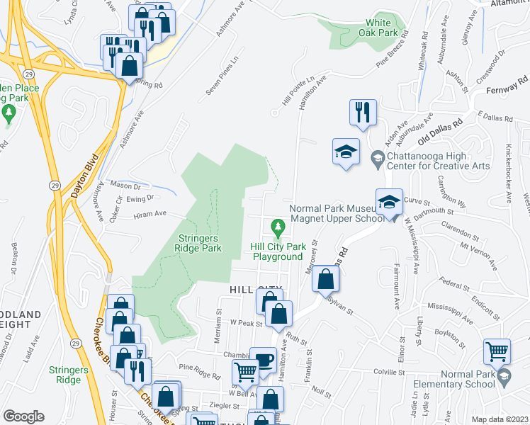 map of restaurants, bars, coffee shops, grocery stores, and more near 27 Wert Street in Chattanooga