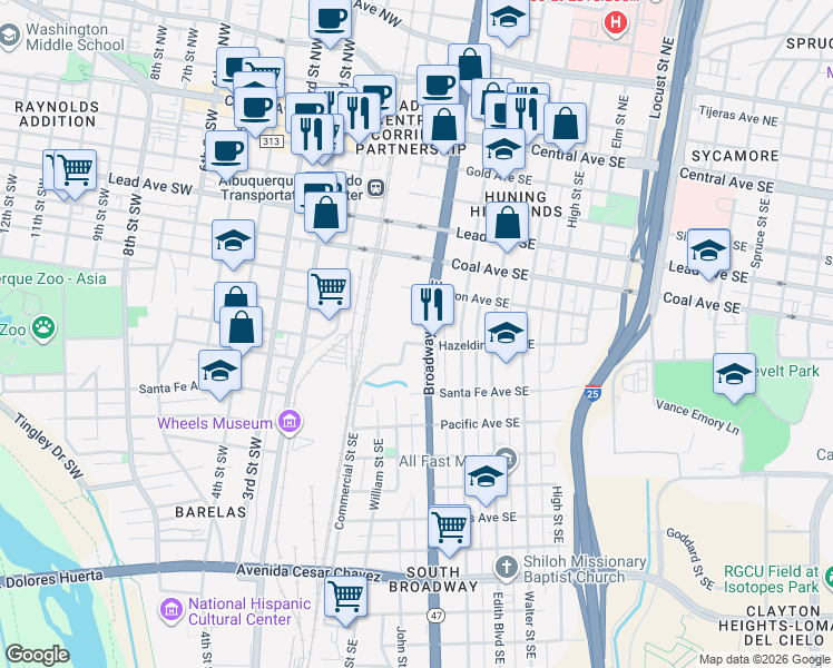 map of restaurants, bars, coffee shops, grocery stores, and more near 628 Broadway Boulevard Southeast in Albuquerque