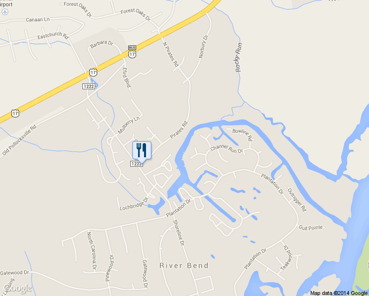 map of restaurants, bars, coffee shops, grocery stores, and more near 103 Captains Cove in New Bern