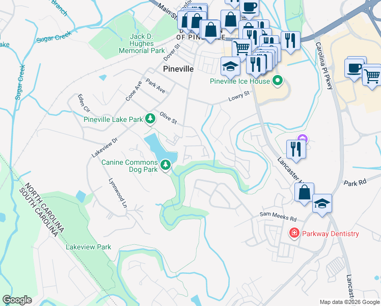 map of restaurants, bars, coffee shops, grocery stores, and more near in Pineville