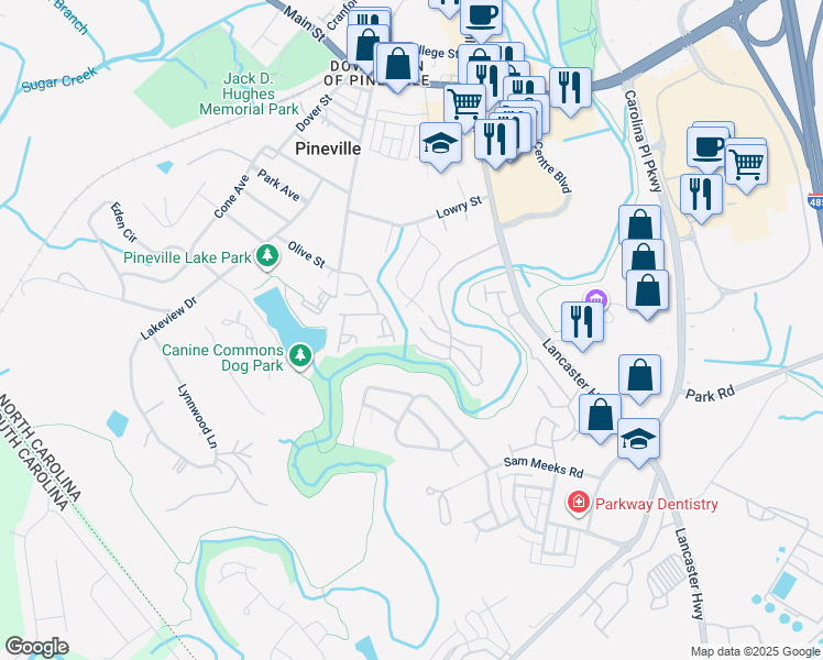 map of restaurants, bars, coffee shops, grocery stores, and more near 12928 Meadow Creek Lane in Pineville