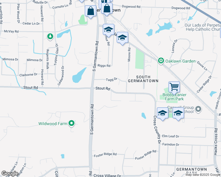 map of restaurants, bars, coffee shops, grocery stores, and more near 7600 Stout Road in Germantown