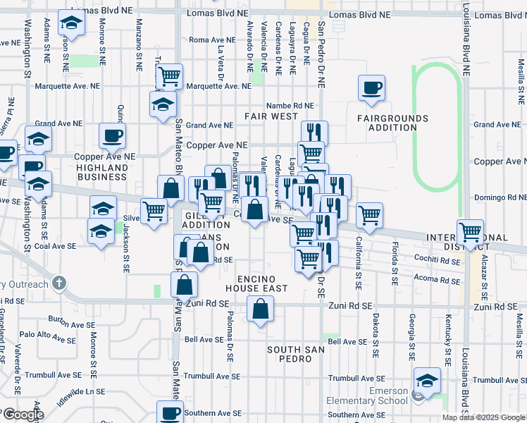 map of restaurants, bars, coffee shops, grocery stores, and more near 59 Valencia Drive Northeast in Albuquerque