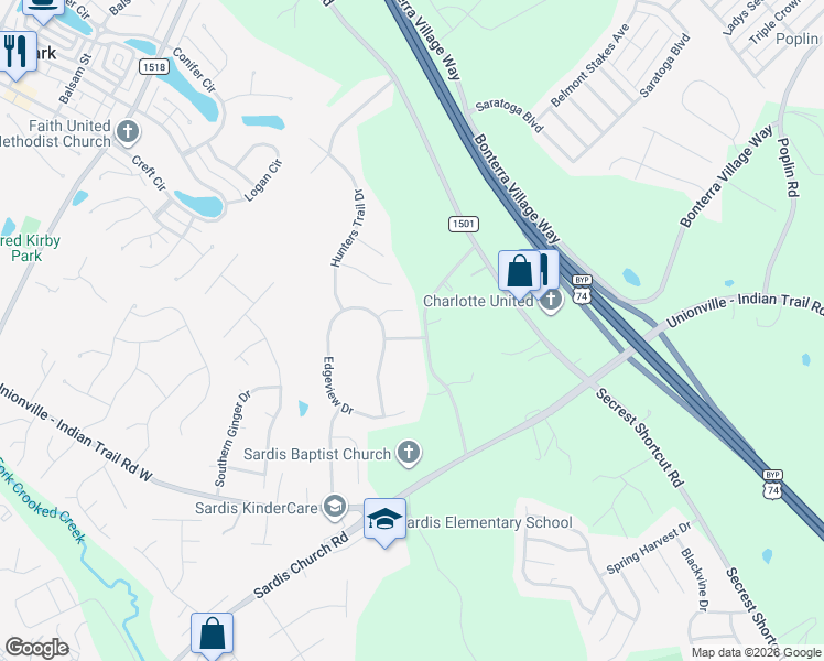 map of restaurants, bars, coffee shops, grocery stores, and more near 1002 Glen Hollow Drive in Indian Trail