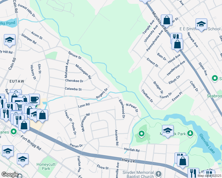 map of restaurants, bars, coffee shops, grocery stores, and more near 1601 Rogers Drive in Fayetteville