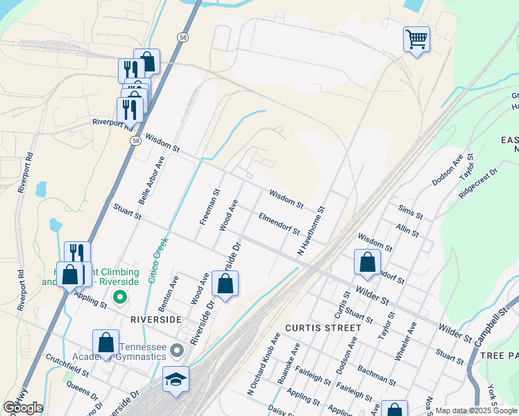 map of restaurants, bars, coffee shops, grocery stores, and more near 3202 Riverside Drive in Chattanooga