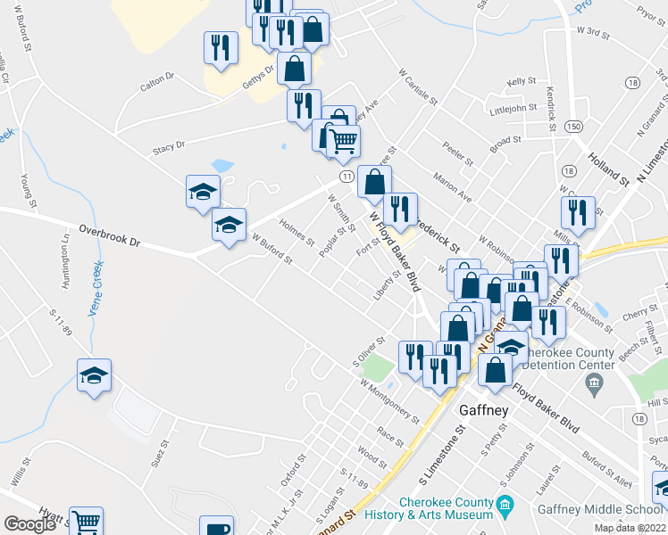 map of restaurants, bars, coffee shops, grocery stores, and more near 503 Holmes Street in Gaffney