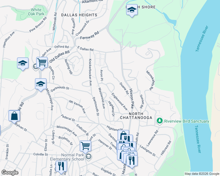 map of restaurants, bars, coffee shops, grocery stores, and more near 1021 Englewood Avenue in Chattanooga