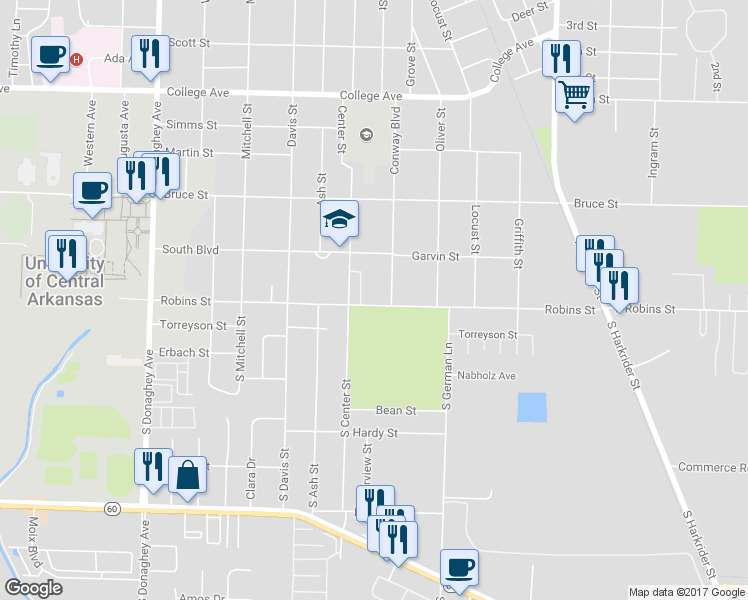 map of restaurants, bars, coffee shops, grocery stores, and more near 1516 Robins Street in Conway