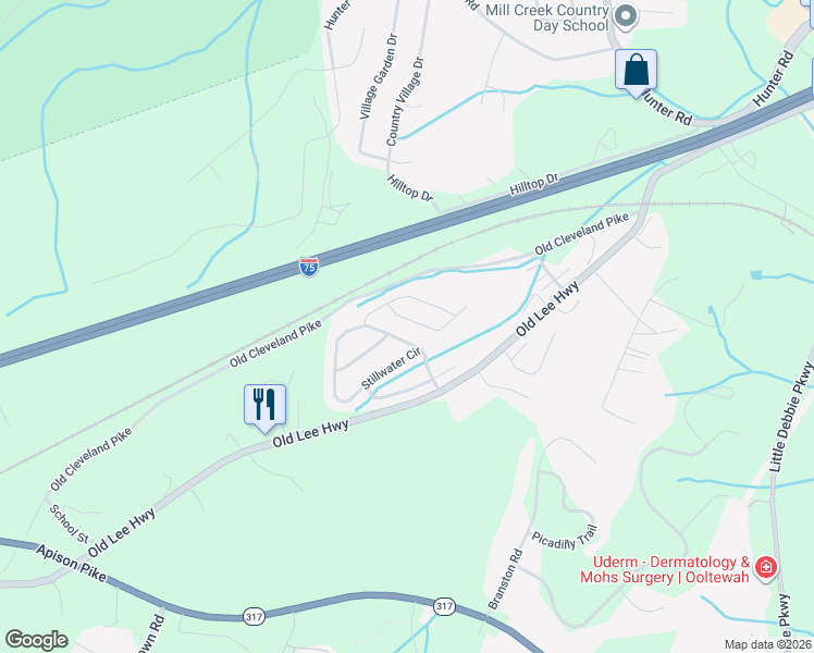 map of restaurants, bars, coffee shops, grocery stores, and more near 8236 Witherow Way in Ooltewah