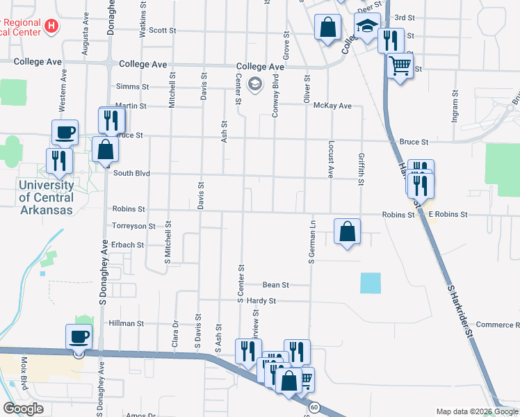 map of restaurants, bars, coffee shops, grocery stores, and more near 1516 Robins Street in Conway