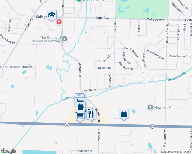 map of restaurants, bars, coffee shops, grocery stores, and more near 120 Highland Park in Conway