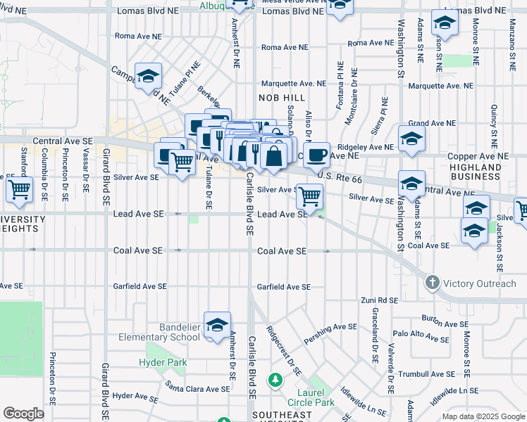 map of restaurants, bars, coffee shops, grocery stores, and more near 221 Hermosa Drive Southeast in Albuquerque