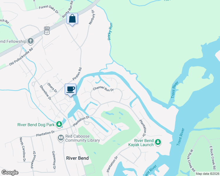 map of restaurants, bars, coffee shops, grocery stores, and more near 206 Channel Run Drive in New Bern