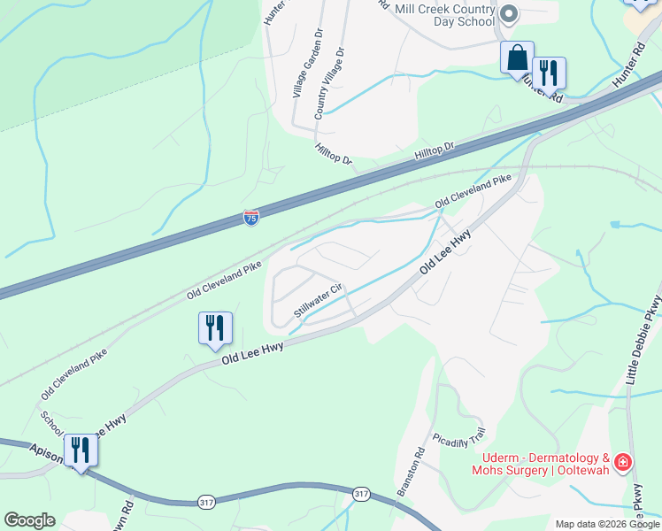 map of restaurants, bars, coffee shops, grocery stores, and more near 8236 Witherow Way in Ooltewah
