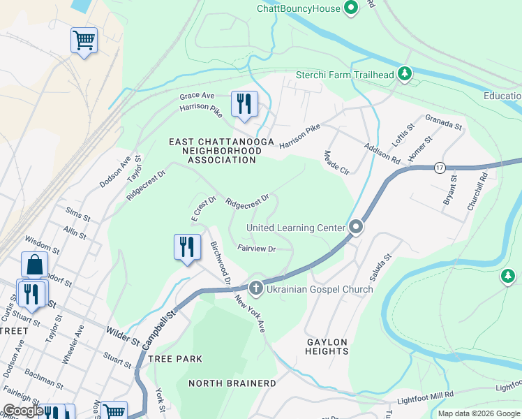 map of restaurants, bars, coffee shops, grocery stores, and more near 3614 Parkway Drive in Chattanooga