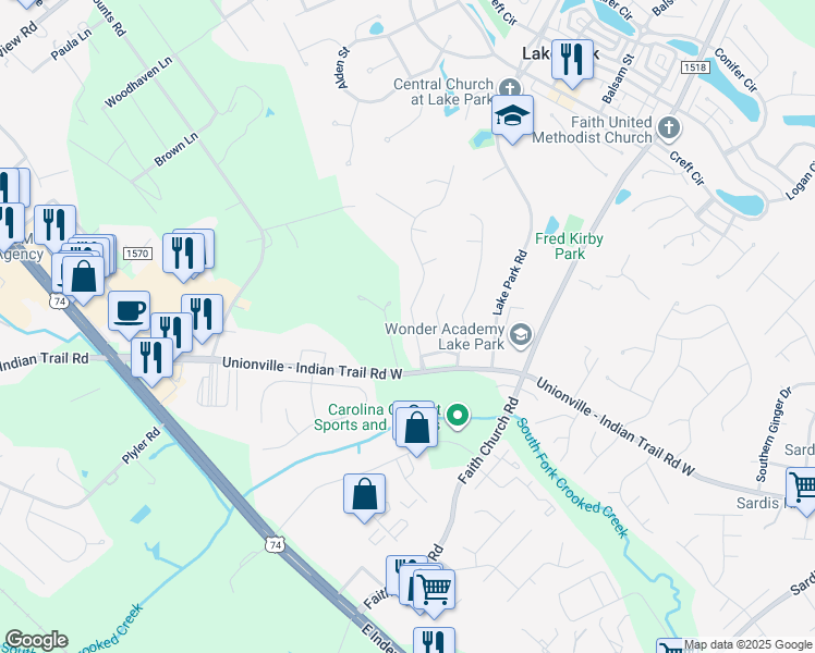 map of restaurants, bars, coffee shops, grocery stores, and more near 3311 Brookstone Trail in Indian Trail