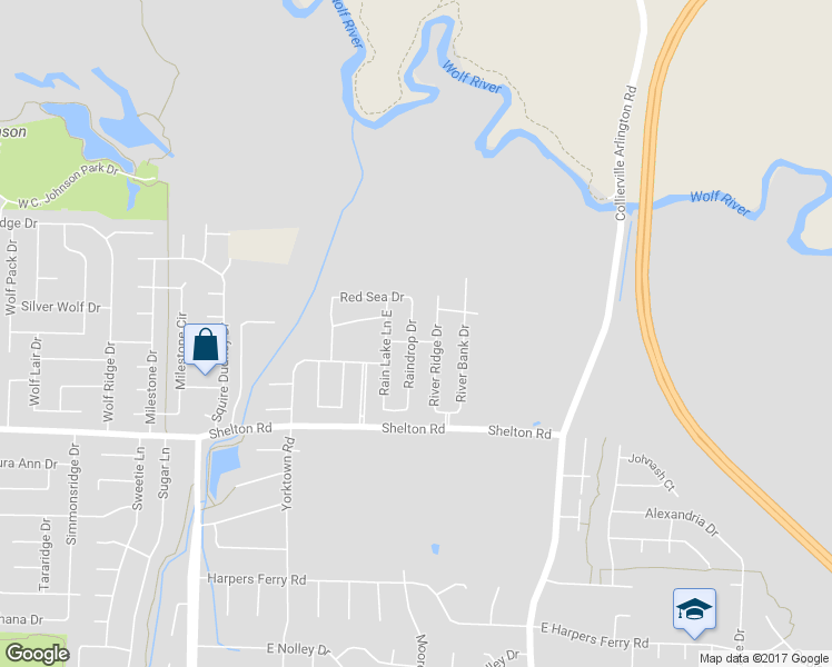 map of restaurants, bars, coffee shops, grocery stores, and more near 1372 Raindrop Drive in Collierville