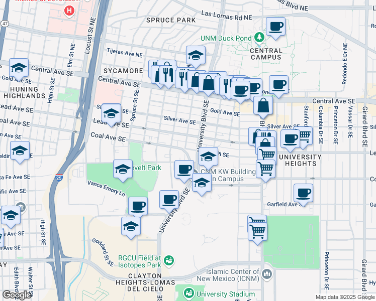 map of restaurants, bars, coffee shops, grocery stores, and more near 1618 Coal Avenue Southeast in Albuquerque