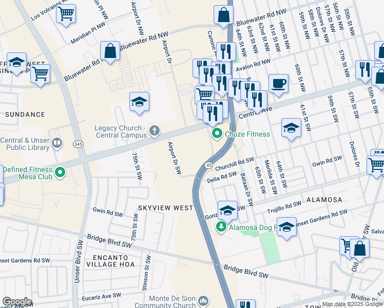 map of restaurants, bars, coffee shops, grocery stores, and more near 7000 Central Ave SW in Albuquerque