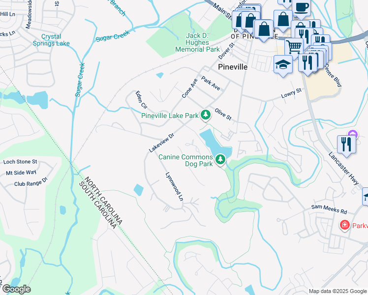 map of restaurants, bars, coffee shops, grocery stores, and more near 243 Water Oak Drive in Pineville