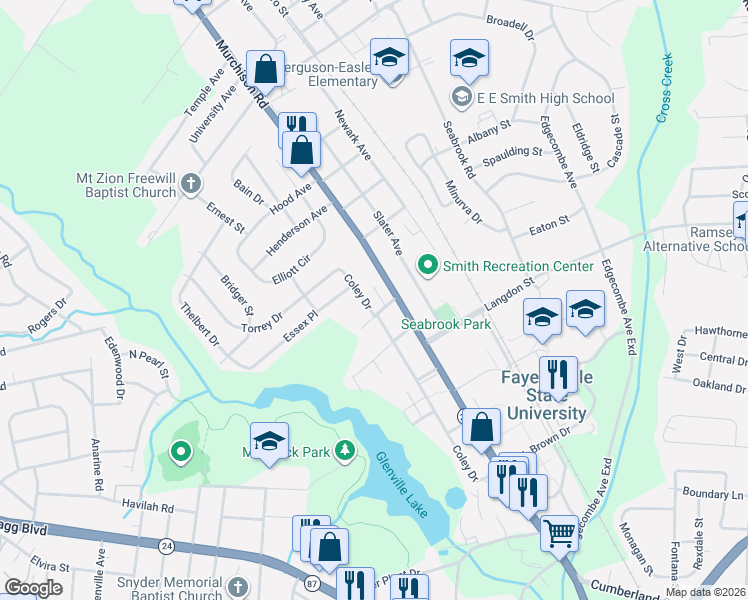 map of restaurants, bars, coffee shops, grocery stores, and more near 1605 Kendall Street in Fayetteville