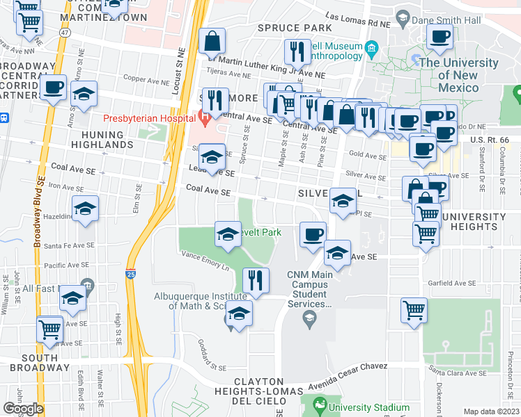 map of restaurants, bars, coffee shops, grocery stores, and more near 512 Sycamore Street Southeast in Albuquerque