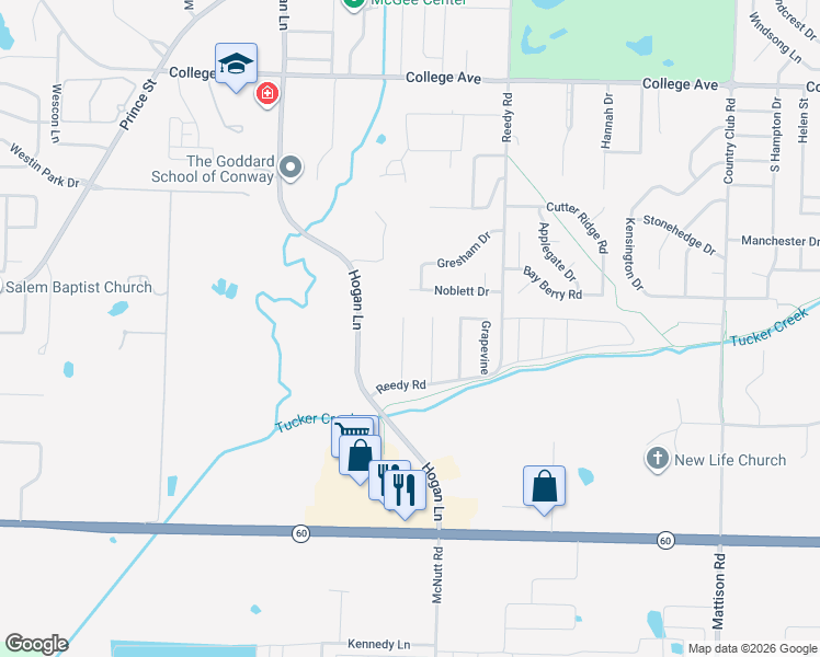 map of restaurants, bars, coffee shops, grocery stores, and more near 120 Highland Park in Conway