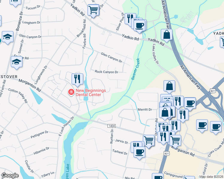 map of restaurants, bars, coffee shops, grocery stores, and more near 295 Warton Lane in Fayetteville