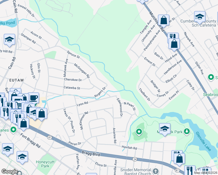 map of restaurants, bars, coffee shops, grocery stores, and more near 1601 Rogers Drive in Fayetteville