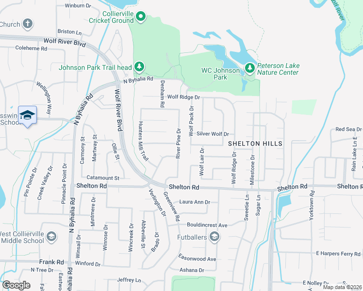 map of restaurants, bars, coffee shops, grocery stores, and more near 1386 River Pine Drive in Collierville
