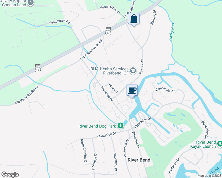 map of restaurants, bars, coffee shops, grocery stores, and more near 18 Pillory Circle in New Bern