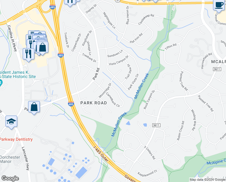 map of restaurants, bars, coffee shops, grocery stores, and more near 10216 Camelback Circle in Charlotte