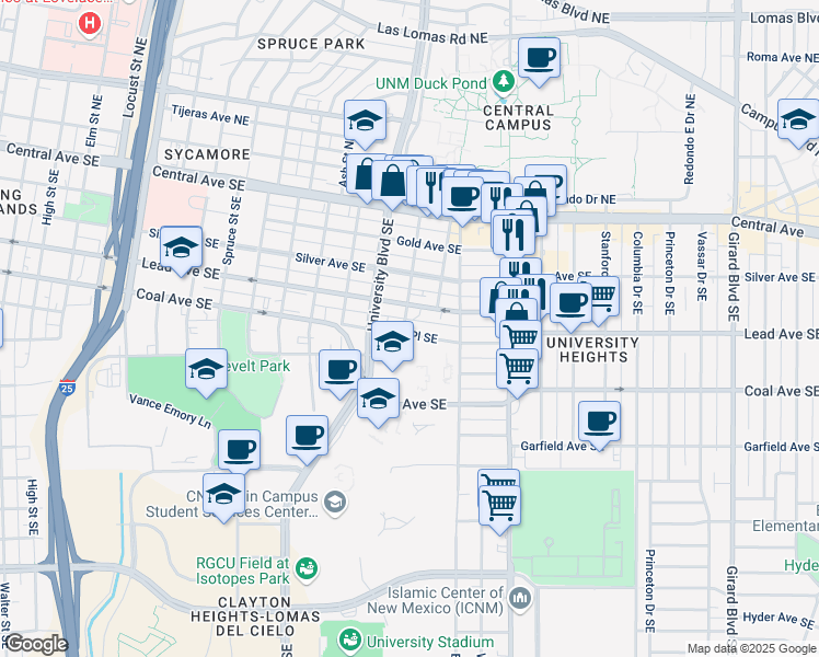 map of restaurants, bars, coffee shops, grocery stores, and more near 1901 Coal Place Southeast in Albuquerque