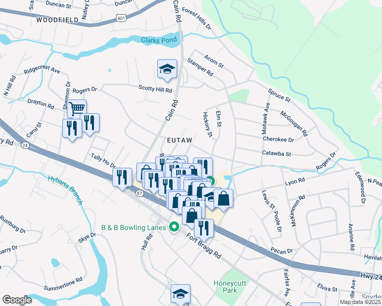 map of restaurants, bars, coffee shops, grocery stores, and more near 914 Laurel Street in Fayetteville