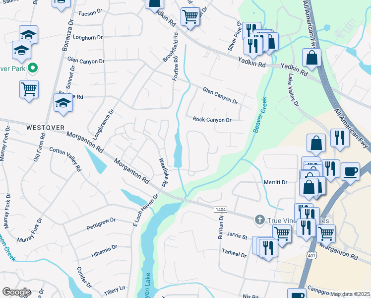 map of restaurants, bars, coffee shops, grocery stores, and more near 217 Waterdown Drive in Fayetteville