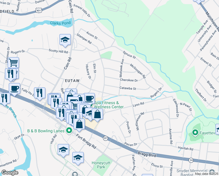 map of restaurants, bars, coffee shops, grocery stores, and more near 1919 Catawba Street in Fayetteville