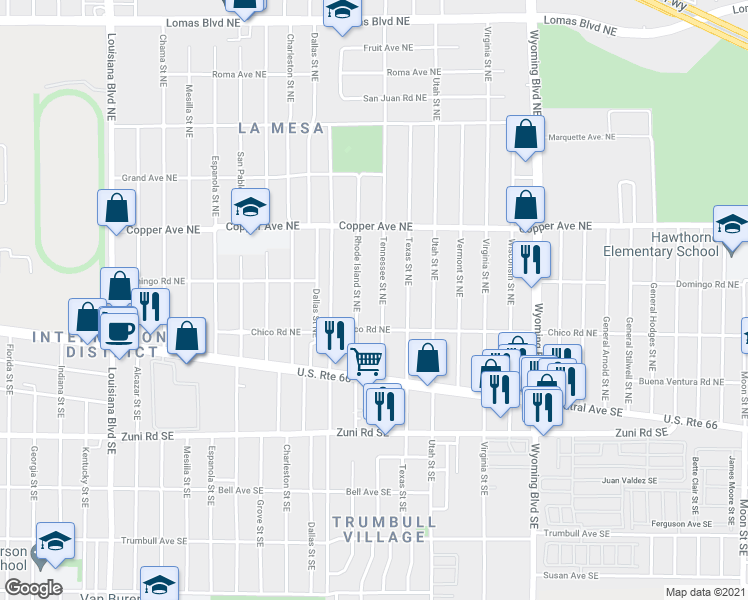 map of restaurants, bars, coffee shops, grocery stores, and more near 231 Tennessee Street Northeast in Albuquerque