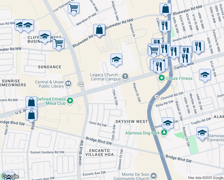 map of restaurants, bars, coffee shops, grocery stores, and more near 7500 Central Avenue Northwest in Albuquerque